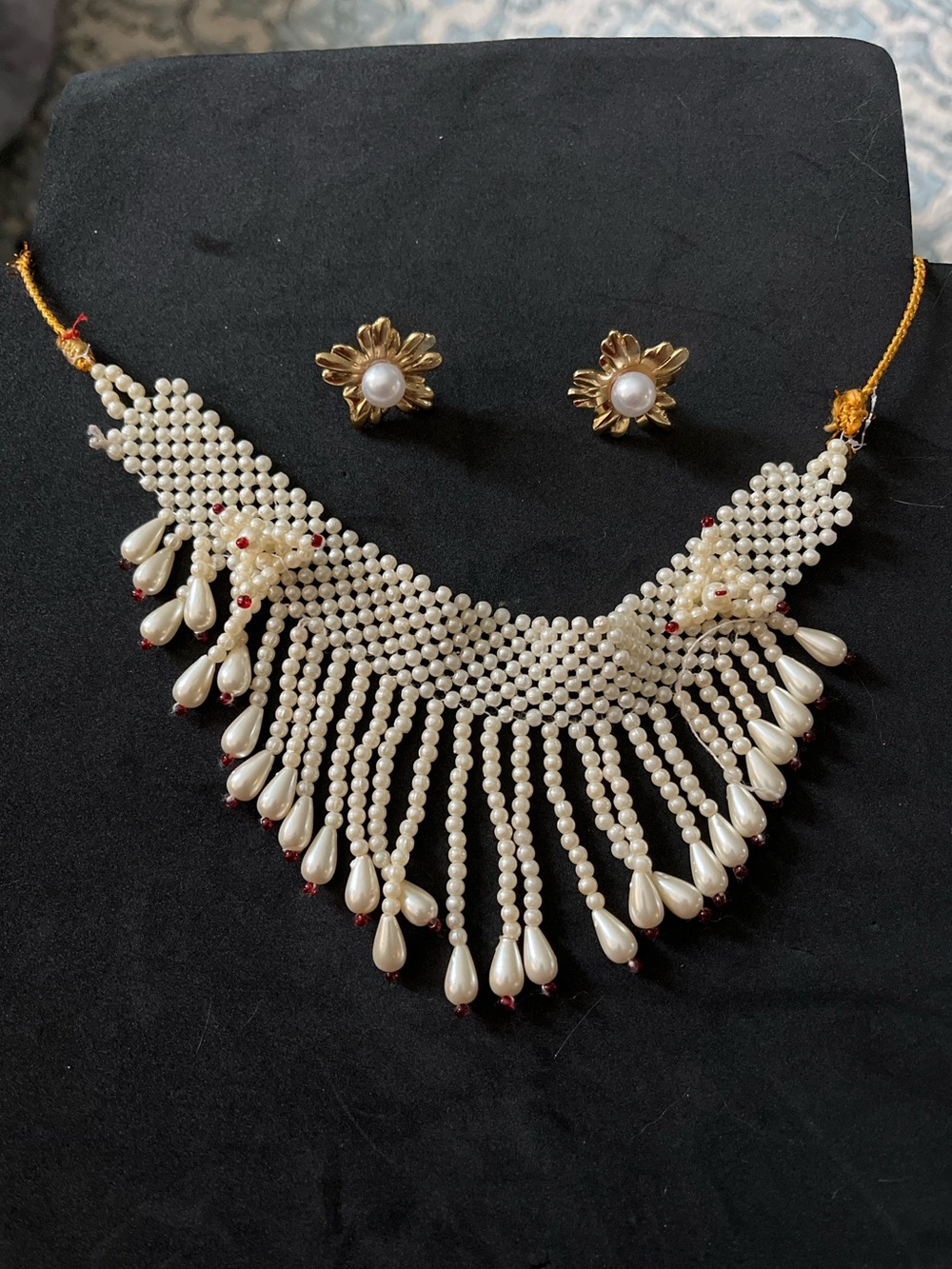 Pearl Fringe Statement Necklace and Stud Earrings - White
